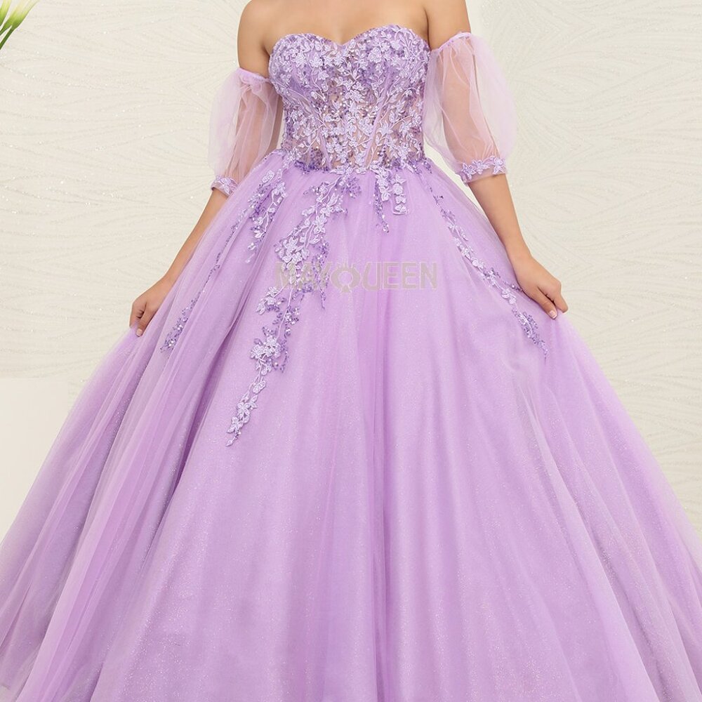 Green,blue,lilac purple,strapless beaded ball gown with detachable sleeves,prom